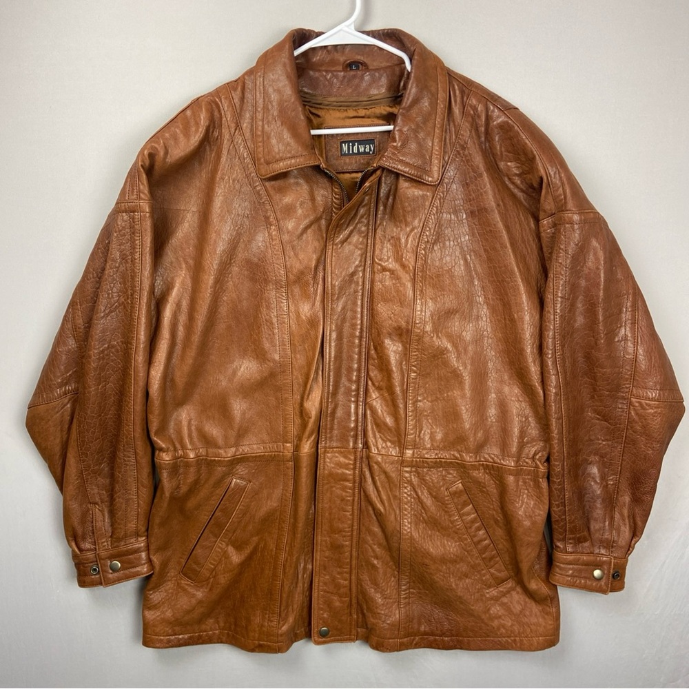 Vintage Midway Long Leather Jacket Brown Men’s Large Animal Print Formal W Liner